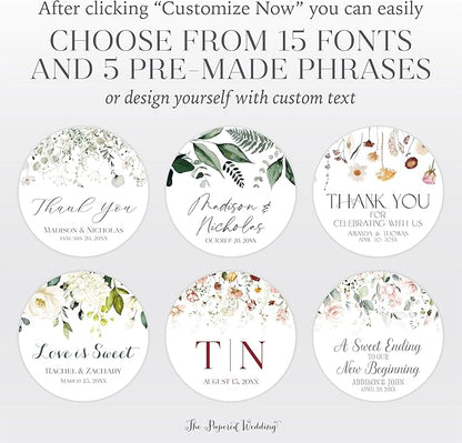 Personalized Floral Wedding Stickers with Your Choice of 30 Flower Styles - Choose Font and One of Five Pre-made Phrases or Add Custom Text (020 - Blue and Pink Flowers)