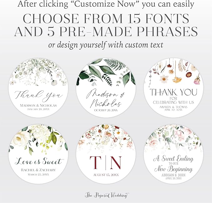 Personalized Floral Wedding Stickers with Your Choice of 30 Flower Styles - Choose Font and One of Five Pre-made Phrases or Add Custom Text (7 - Tropical Flowers)