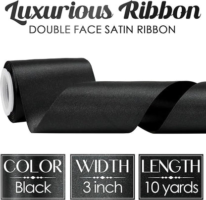 MEEDEE Black Satin 3 Inch Ribbon Lux Double Faced Extra Wide Ribbon Black Christmas Tree Ribbons by 10 Yards Silk Ribbons for Halloween Wreaths Bow, Satin Weddings Decor