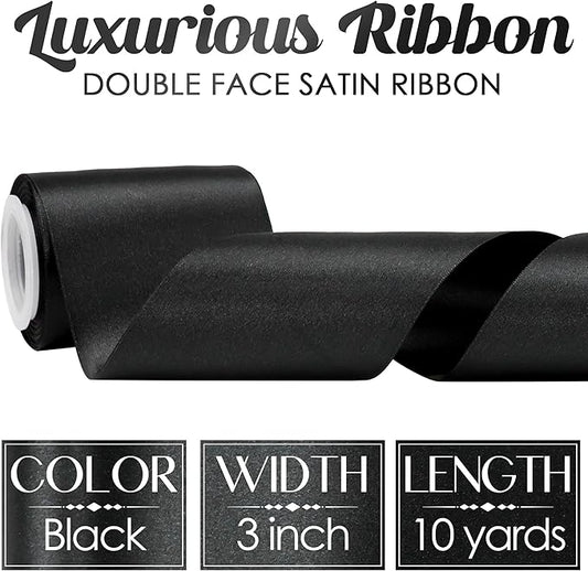 MEEDEE Black Satin 3 Inch Ribbon Lux Double Faced Extra Wide Ribbon Black Christmas Tree Ribbons by 10 Yards Silk Ribbons for Halloween Wreaths Bow, Satin Weddings Decor