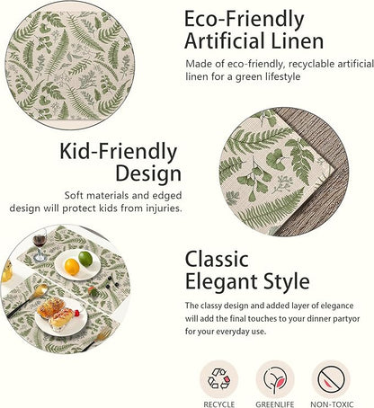 Tropical Fern Herbs Placemats Set of 6,Botanical Floral Leaf Table Mats Non-Slip Heat Resistant Washable Placemat for Party Kitchen Dining Table Decoration Indoor Outdoor