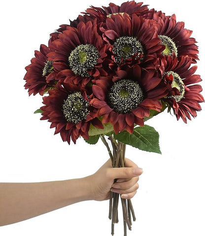 Red Artificial Sunflower Flowers 8 Pcs Single Long Stem Silk Fake Sunflowers Bridal Wedding Bouquet Fake Yellow Flower Arrangements for Outdoor
