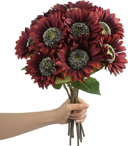 Red Artificial Sunflower Flowers 8 Pcs Single Long Stem Silk Fake Sunflowers Bridal Wedding Bouquet Fake Yellow Flower Arrangements for Outdoor