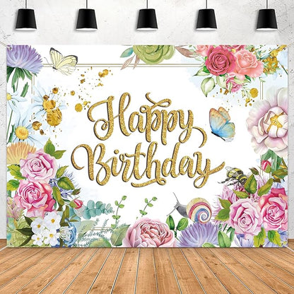 Flower Decoration Backdrop for Women Girl Birthday Party Spring Butterfly Happy Birthday Photography Background Greenery Pink Wildflower Banner 7x5ft