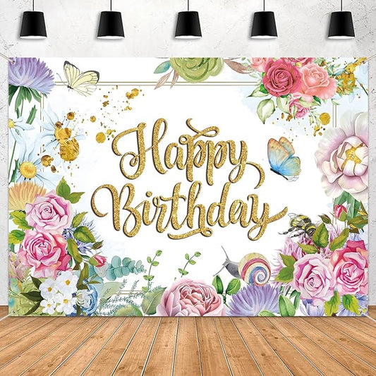 Flower Decoration Backdrop for Women Girl Birthday Party Spring Butterfly Happy Birthday Photography Background Greenery Pink Wildflower Banner 7x5ft