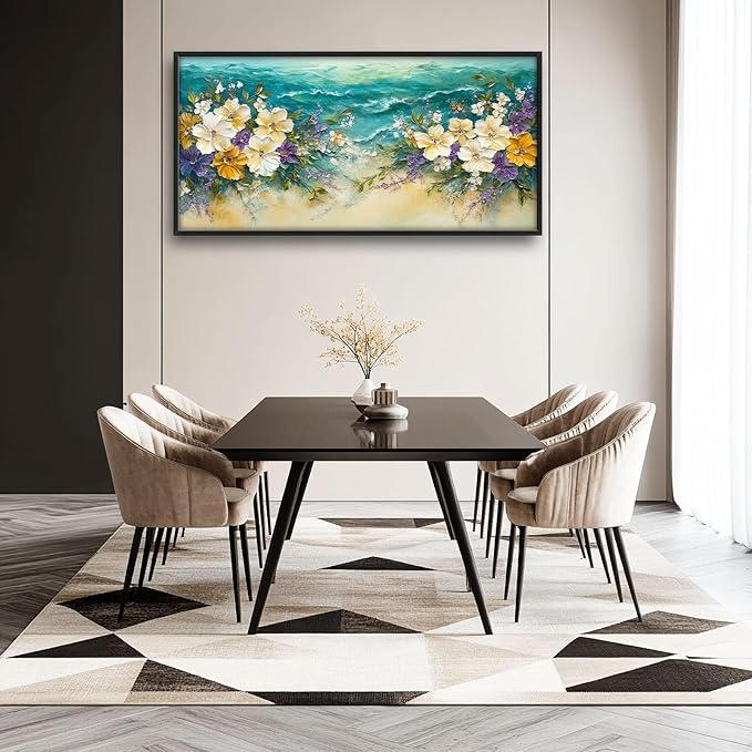Beach Floral Large Wall Art Coastal Flower Pictures Wall Decor Summer Canvas Seascape Print Painting Modern Artwork Home Decoration for Living Room Bathroom Bedroom Office Framed 60"x30"