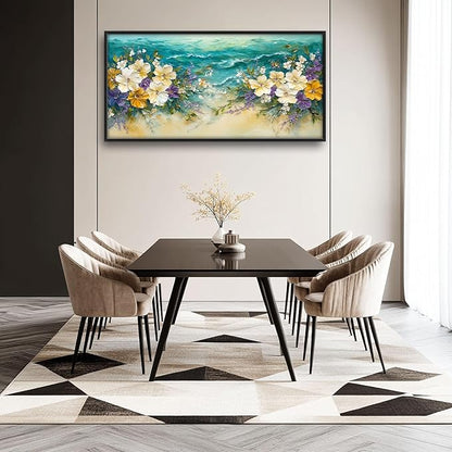 Beach Floral Large Wall Art Coastal Flower Pictures Wall Decor Summer Canvas Seascape Print Painting Modern Artwork Home Decoration for Living Room Bathroom Bedroom Office Framed 60"x30"