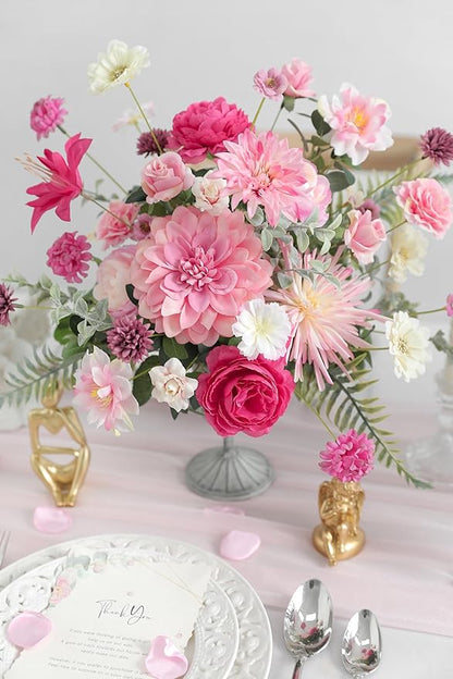 Artificial Flowers Heads Combo Pink Flowers Mix Silk Flowers Dahlia Roses for Graduation Cap DIY Cake Wedding Party Floral Arrangement Table Centerpieces Home Decorations