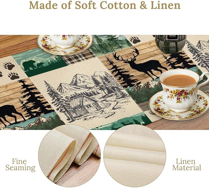 Rustic Cabin Table Runner, Farmhouse Deer Bear Retro Pine Forest Wooden Plank Wild Animal Seasonal Coffee Table Center Decor for Home Kitchen Dining Patio Holiday Party Table Decorations 13x36 inches