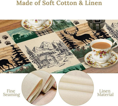 Rustic Cabin Table Runner, Farmhouse Deer Bear Retro Pine Forest Wooden Plank Wild Animal Seasonal Coffee Table Center Decor for Home Kitchen Dining Holiday Party Table Decorations 13x108 inches
