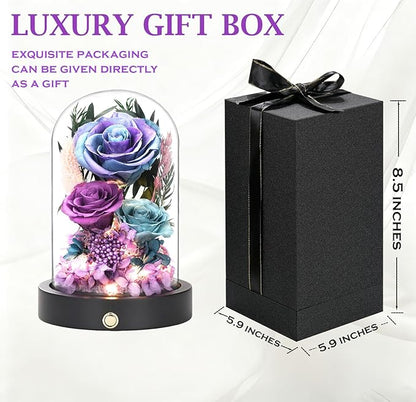 Birthday Gifts for Women Purple Preserved Flowers in Glass Dome Forever Flowers for Delivery Prime, Colorful Forever Roses Anniversary Valentines Day Mothers Day for Her Mom Wife