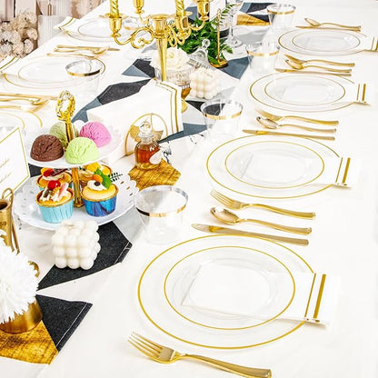 SUT 700Pcs Plastic Dinnerware Set for 100 Guests, Clear and Gold Plastic Plates, Disposable Plates and Napkins Party Supplies, Gold Silverware, Plates, Cups and Napkins Sets for Party Weddings