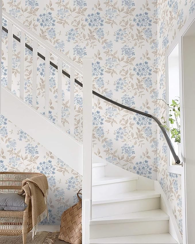 Heroad 17.3''x32.8ft Boho Floral Wallpaper Blue/Beige Peel and Stick Wallpaper Neutral Leaf Contact Paper Removable Self Adhesive Wall Paper for Cabinet Bedroom Bathroom Waterproof Decor Vinyl Roll