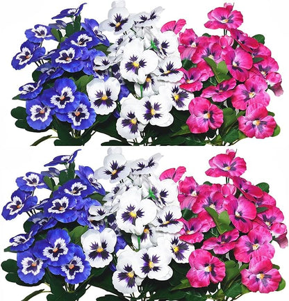 QIANYUN Fake Flowers-12in Pansy Small Wild Flower Daisy 6 Bundles Faux Plastic Purple Flowers for Home Wedding Kitchen Garden Table Centerpieces Indoor Outdoor Decor (Red White Blue)