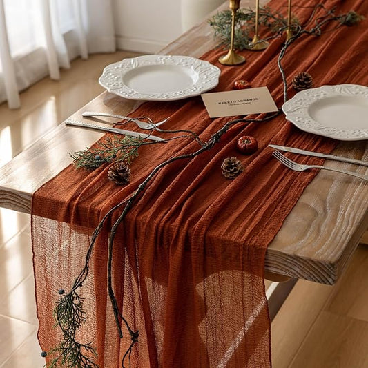 Fall Thanksgiving Table Runner Terracotta Decorations 120 Inch 10 FT Rustic Burnt Orange Sheer Cheese Cloth for Baby Bridal Shower Friendsgiving Party Centerpiece Gauze Decor for Home