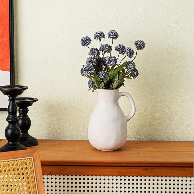 Off White Ceramic Vase with Handle, Pitcher Vases for Modern Farmhouse Home Decor, Small Pottery Flower Jug for Living Room Bedroom Kitchen Office Shelf Decor Centerpiece Table Decoration