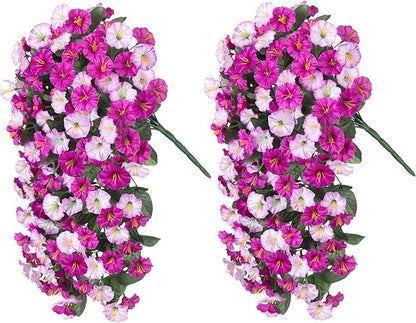 Artificial Fake Fall Hanging Mums Flowers Plants for Outdoor Outside, 2 PCS Faux Silk Morning Glory Trailing Vines Look Real UV Resistant for Porch Planter Patio Decor (Light Fuchsia and Fuchsia)