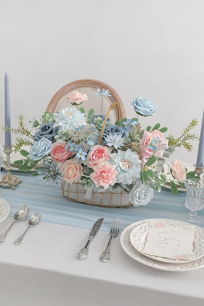 Blue Pink Artificial Flowers Set - Fake Roses, Peonies, Silk Flowers with Stems for DIY Wedding Bouquets,Floral Arrangement,Table Centerpieces,Baby Shower, Home Decor
