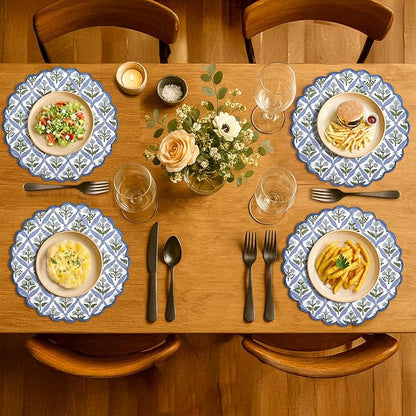 Ridhi Light Steel Blue Bo-ho Round Place Mat Easter Floral Cotton Washable Placemats 15" Round Embroidery Block Print Table Mat Pack of 8-15 Inch Round