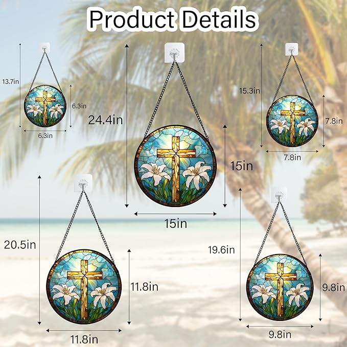 Christian Gifts for Women - Cross Stained Glass Window Hanging Jesus Easter White Lily Flower Sun Catcher Garden Religion Decor Mother's Day Catholic Gift for Men Grandma Mom Her Nana 9.8"