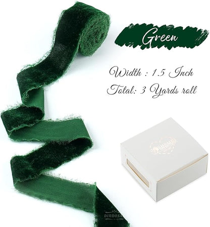 Dark Green Velvet Ribbon for Christmas Tree Decorations Frayed Silk Velvet Ribbon 1.5 Inch for Gift Wrapping, Christmas Tree, Wedding Vow Books -3yards