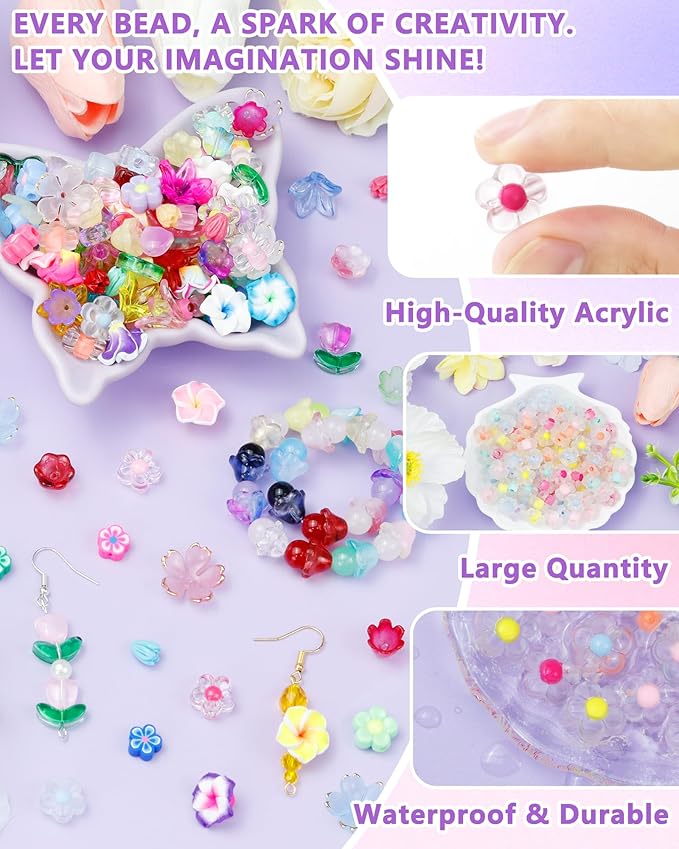 FIVEIZERO 300PCS Acrylic Flower Beads — Multicolor Transparent Flower Bracelet Charms for DIY Jewelry Making, Bracelets & Necklaces