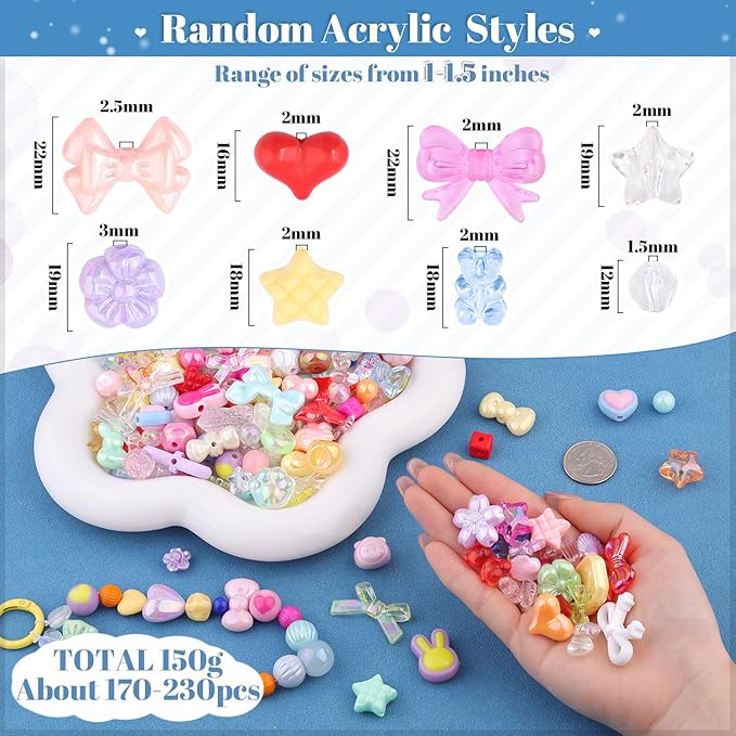 Assorted 200-260PCS Mixed Colors Acrylic Beads for Bracelet Making, Flower Bow GummyBear Bracelet Charms,Cute Beads for Jewelry Making DIY Necklace Keychain Phone Charm Christmas Gift