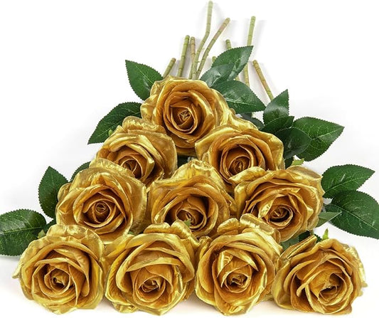 DuHouse 10pcs Silk Roses Artificial Flowers Fake Rose for Arrangement Wedding Party Home Decoration (Gold)