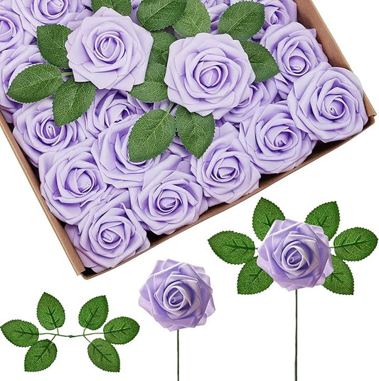 InnoGear Artificial Roses Foam Flowers, 50 Pcs Lilac Roses Artificial Flowers Fake Roses for Decoration DIY Wedding Bouquets Centerpieces Bridal Shower Party Valentine's Day Christmas Xmas