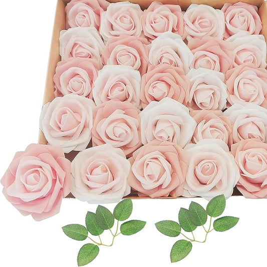 Artificial Flowers 25pcs Fake Roses, Pinkish White Foam Rose Faux Flower for Wedding Bouquet Bridal Shower Centerpieces Floral Arrangements Home Decorations Party Backdrops Table
