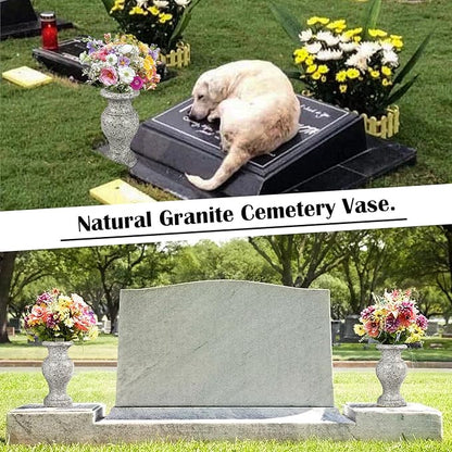 Cemetery Vase, Turned Granite Vase Polished, Memorial Stone Vases with Draining Holes for Home Tabletop, Cemetery Flowers, Grave Headstone Decorations (1pc, Grey)