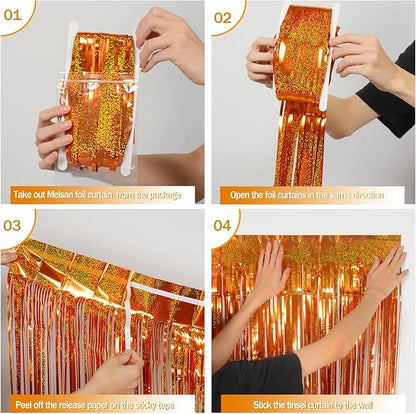 Melsan Orange Tinsel Backdrop Curtains, 3.2ft x 8.2ft Sparkle Metallic Foil Fringe Curtain for Basketball Thanksgiving Halloween Birthday Party Decorations, 2 Packs