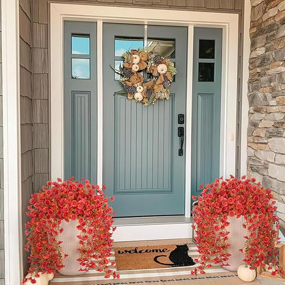 Artificial Fall Hanging Flowers for Decoration, 2pcs Long Vine Fake Mums Flowers Plants Morning Glory, Realistic Faux Petunias for Planter Patio Porch Garden Autumn Outdoors Dec, Red