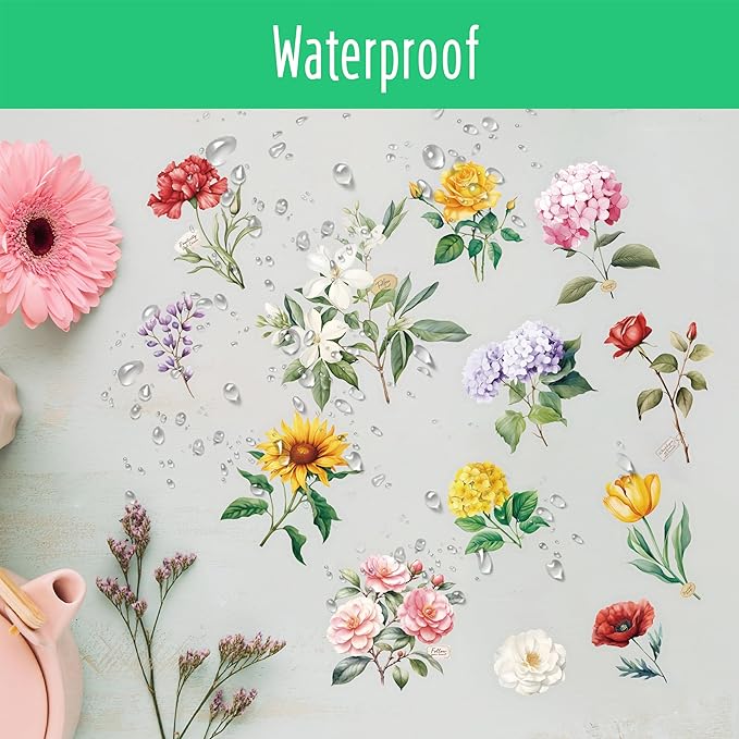 300 PCS PVC Flower Stickers, Self-Adhesive PVC Nature Floral Stickers for Scrapbook, Laptop, Journal, DIY Project, Spring Themed Party Decors
