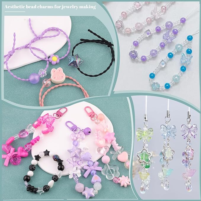 Assorted 210-270PCS Acrylic Beads for Bracelet Making,Flower Bow Candy GummyBear Kawaii Bracelet Charms, Cute Beads for Jewelry Making Necklace Keychain Phone Charm Christmas Gifts DIY