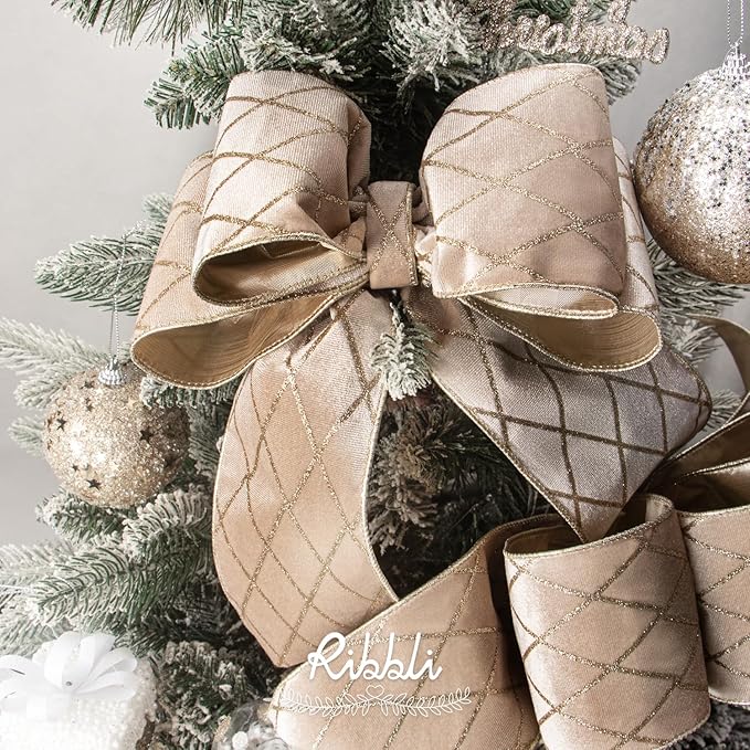 Ribbli Light Champagne Velvet Ribbon Wired with Glitter Diamond Grid 4 Inch Christmas Ribbon for Christmas Tree Decoration Big Bow Gift Wrapping Crafts Wreaths Garland Supplies - 10 Yards