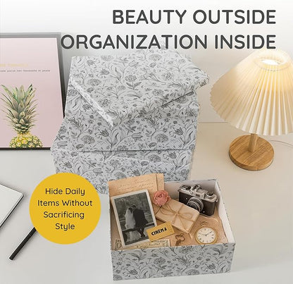 Soul & Lane Decorative Cardboard Storage Boxes For Home Décor - Modern Meadow - Set of 3: Floral Paperboard Nesting Storage With Lids, Memory Boxes For Keepsakes And Photos, Gift Set For Presents