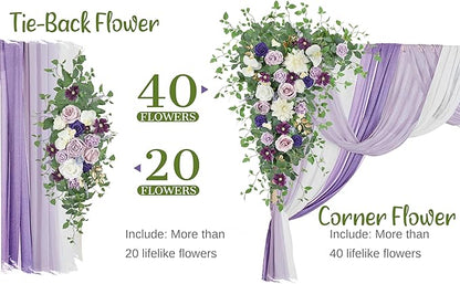 Wedding Arch Flowers with Drapes Kit (Pack of 5) - 2pcs Artificial Lilac & Cream Deluxe Swag with 3pcs Hanging Drapes for Wedding Ceremony Arbor Reception Backdrop Rose Floral Decorations