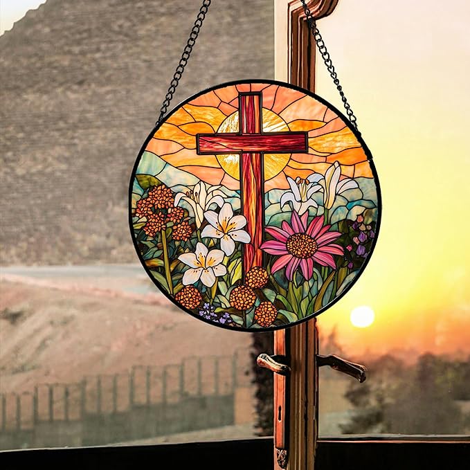 Christian Gifts for Women - Cross Stained Glass Window Hanging Easter Flower Sunset Landscape Sun Catcher Garden Religion Decor Mother's Day Catholic Gift for Men Grandma Mom Her Nana 11.8"