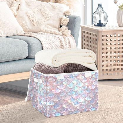 senya Baskets Collapsible Storage Bins with Lids, Pastel Sheer Mermaid Scales Storage Boxes Clothes Baskets for Organizing, B06D22020