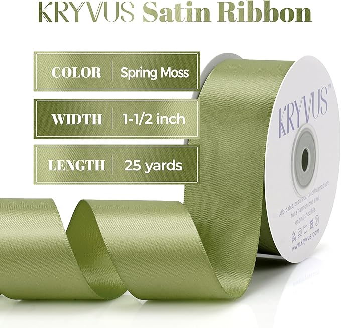 Moss Green Satin Ribbon, Double Faced 1-1/2 Inch X 25 Yards Moss Green Ribbon, Premium Satin Ribbon for Gift Wrapping, Crafts, Hair Bow Making, Sewing, Flower Bouquet, Wedding Party Decor