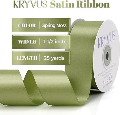 Moss Green Satin Ribbon, Double Faced 1-1/2 Inch X 25 Yards Moss Green Ribbon, Premium Satin Ribbon for Gift Wrapping, Crafts, Hair Bow Making, Sewing, Flower Bouquet, Wedding Party Decor