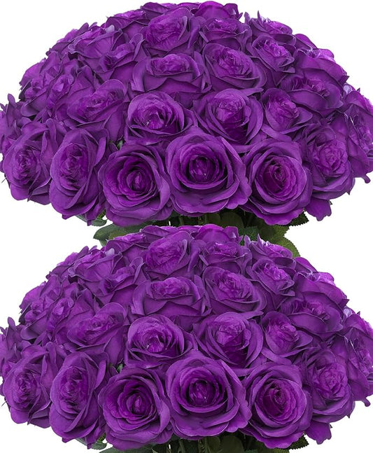 50pcs Artificial Roses Flowers in Bulk,Realistic Silk Fake Rose with Long Stem for Wedding Centerpieces Bouquet Party Floral Arrangement Home Decoration (Purple)