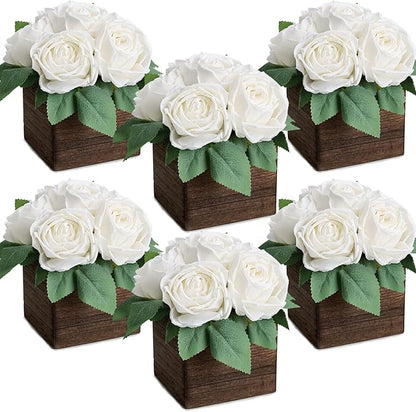 Dining Table Centerpiece Set of 6 - Pre-Made Aritifial Rose with Wooden Vase Fake Floral Arrangment Faux Flower for Wedding Bridal Tea Party Event Decorations - White
