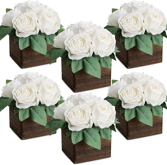 Dining Table Centerpiece Set of 6 - Pre-Made Aritifial Rose with Wooden Vase Fake Floral Arrangment Faux Flower for Wedding Bridal Tea Party Event Decorations - White