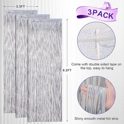 3 Pack 3.3x8.2 Feet Laser Silver Foil Fringe Backdrop Curtains, Tinsel Streamers Birthday Party Decorations, Fringe Backdrop for Graduation, Baby Shower, Gender Reveal, Disco Party