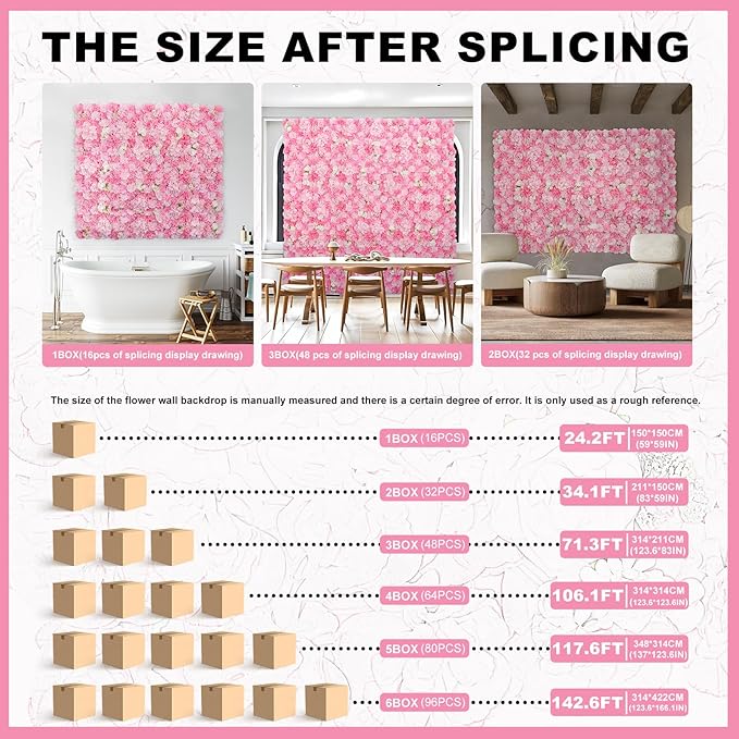 Artificial Flower Wall Backdrop 16pcs 16.5x16.5 Inch Silk Rose Floral Wall Panel Decor Ideal for Wedding Celebrations, Festive Party Birthday Backdrops and Elegant Home Decor-Light Gold Pink