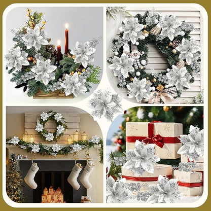 50pcs Glitter Poinsettia Christmas Ornaments, Artificial Flowers with Clips Stems for DIY Wreath Making, Holiday Home Party Decorations, Indoor Use (Sliver)