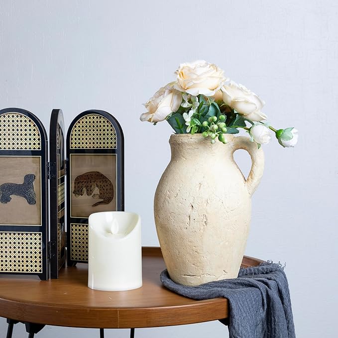 Rustic Clay Vase for Home Decor – 8.35" Tall Pottery Flower Vase, Water-Holding Vintage Jug with Handle, Farmhouse Style Vase for Shelf, Table, or Mantel Decoration