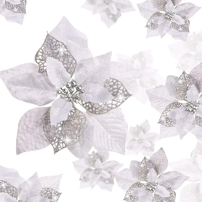 Boao 24 Pieces Christmas Artificial Glitter Poinsettia Flowers Xmas Flowers Wedding Christmas Tree New Year Ornaments(Silver)